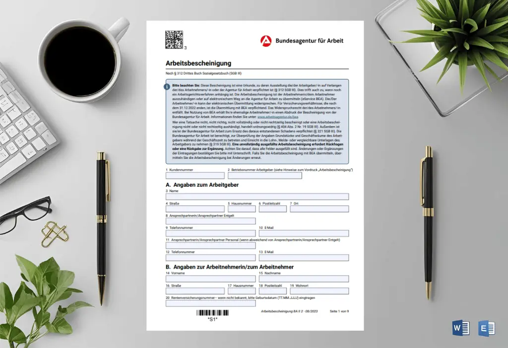 Arbeitsbescheinigung Vorlage nach § 312 SGB III 2025